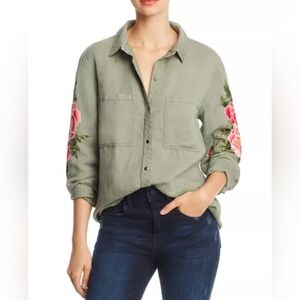 Rails, Small, Marcel Embroidered Long Sleeve Button Down, Sage With Pink Flowers